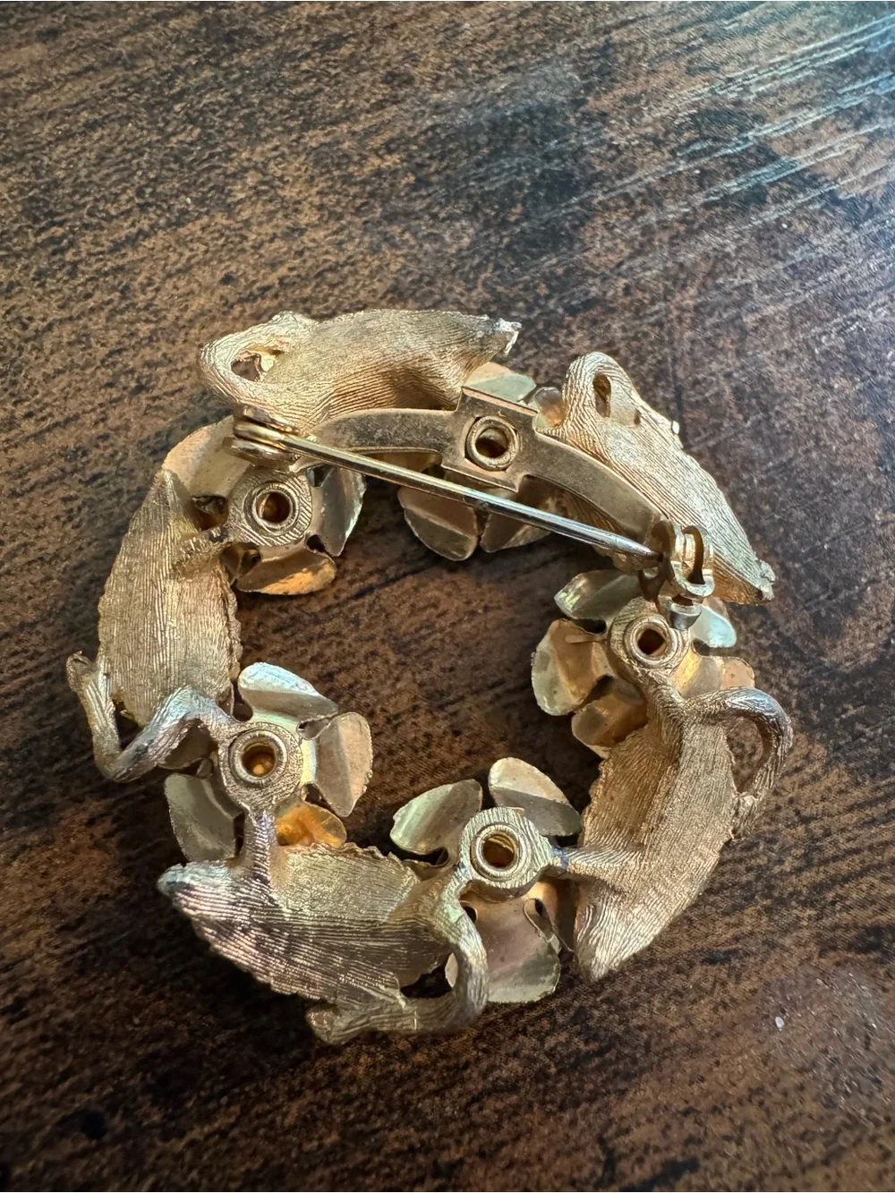 Smaller Gold Tone Wreath Brooch with Clear Crystals, Unmarked, Retro, Elegant